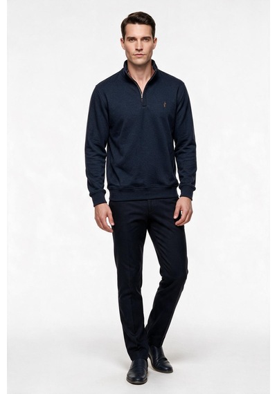 Legato Erkek Dik Yaka Yarım Fermuarlı Pamuk Karışımlı Uzun Kollu Sweatshirt Lacivert