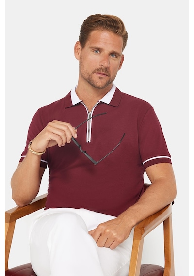 Tudors Erkek Slim Fit Dar Kesim %100 Pamuk Düz Pike Fermuarlı Bordo Polo Yaka Tişört-31111 Bordo