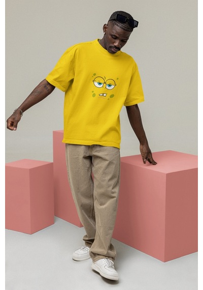 Noıssey Sünger Bob Tasarımlı Unisex Oversize Sarı T-shirt