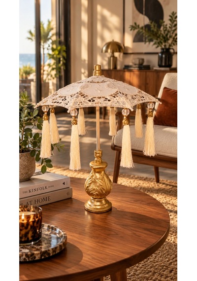Gold Detaylı Krem Renkli Dantel Bali Sunum Şemsiyesi 34x30cm Dekoratif Şemsiye