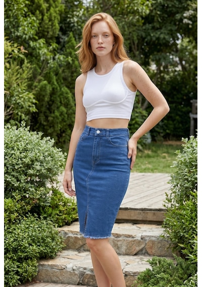 Soulshae Mavi Yüksek Bel Yırtmaçlı Denim Kalem Midi Etek