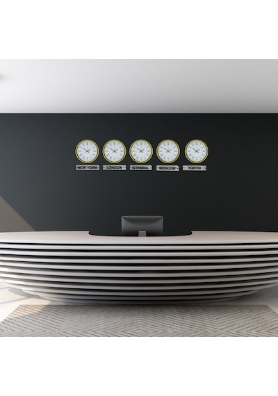 Yellow Line 5 Li 36 Cm Tabelalı Dünya Saatleri Otel Ve Resepsiyon Saati Sarı
