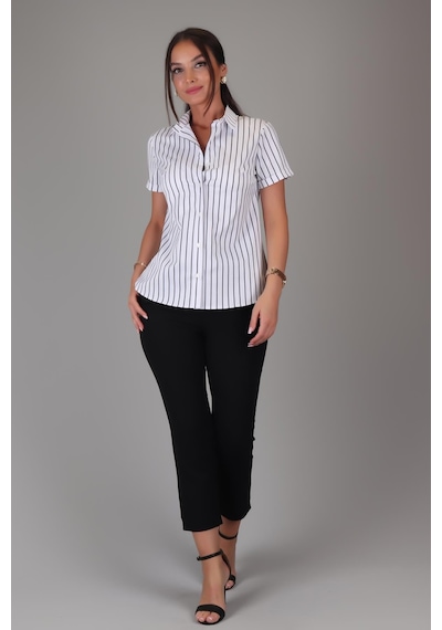 Sweetness Kadın Siyah Çizgili Kısa Kollu Likralı Pamuklu Klasik Gömlek Dk001-3 Siyah