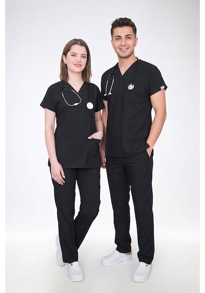 Unisex Soft Likralı Siyah Doktor Hemşire Nöbet Üniforma Takımı Scrubs Siyah Siyah