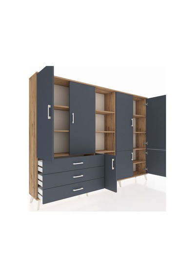 Arges Dolap 11 Raflı 3 Çekmeceli 7 Kapaklı 220x30x163 Çam-antrasi Çam-antrasit