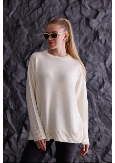 Qscob Bisiklet Yaka Oversize Basic Triko Kazak Bej