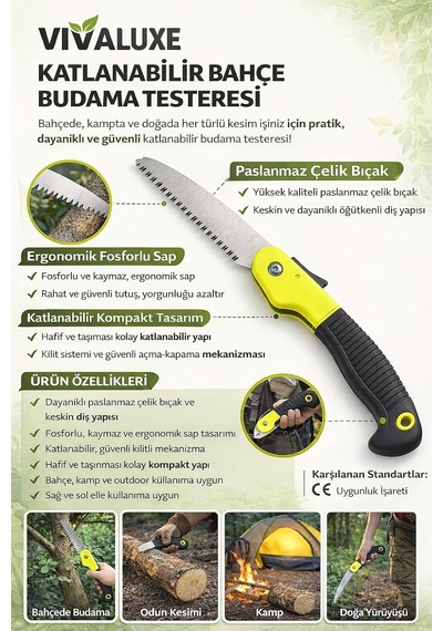 Katlanabilir Bahçe Budama Testeresi, Fosforlu Sarı Ergonomik Sap, Paslanmaz Çelik Bıçak, Ağaç D