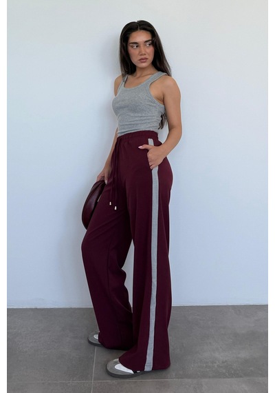 Madmext Bordo Şerit Detaylı Bol Paça Kadın Pantolon Mg2441 Bordo