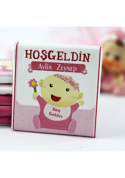 Dark Brown Hoşgeldin Kız Bebek Çikolatası İsim Yazılabilen Hediye Çikolata KBK4 150 Adet