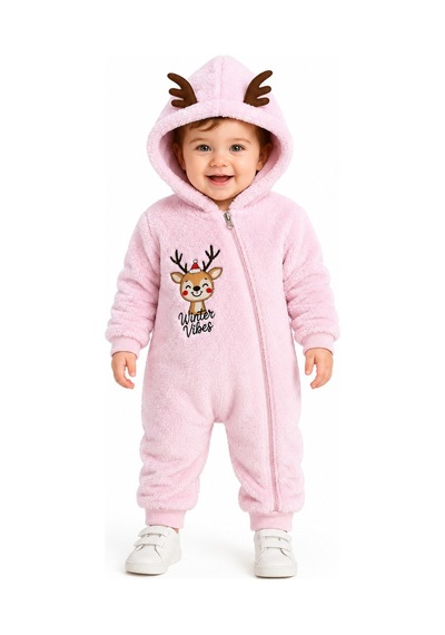 Tatlı Geyik Nakışlı Welsoft Peluş Kapüşonlu Fermuarlı Kışlık Unisex Bebek Tulumu 40212 Pembe