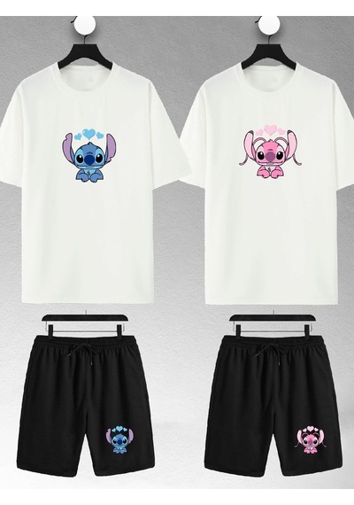 Unisex Kadın Erkek Stitch Angel Baskılı Sevgili Çift Kombini Tasarım Oversize Tshirt Ve Şort Beyaz Mck2185 Beyaz