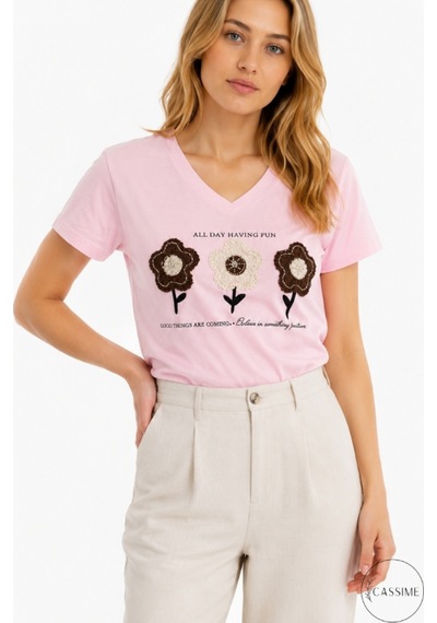 Cassime Kadın Pembe %100 Pamuk Regular/normal Kalıp Çiçek Nakışlı Örme T-shirt