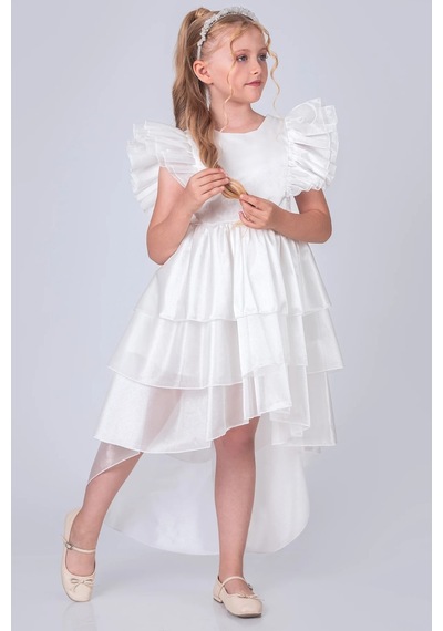 Mnk Baby & Kids Kız Çocuk Kuyruklu , Taçlı Vragia Abiye Elbise M00745 Beyaz