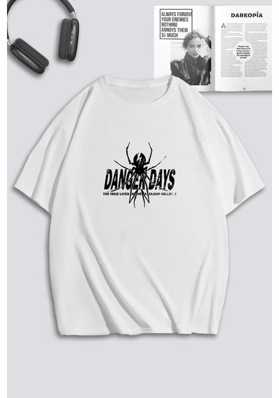 Unisex Kadın Erkek Danger Days Spider Baskılı Özel Tasarım Oversize T-shirt Beyaz Mck0054 Beyaz