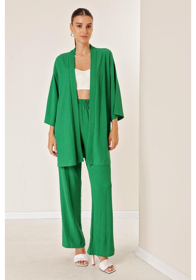 By Saygı Bürümcük Pantolonu Cepli Kimono Takım-34051 Yeşil