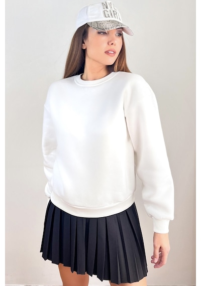 Kadın Cozy İçi Polarlı Ekru Basic Bisiklet Yaka Pamuklu Kalın Örme Sweatshirt Ekru