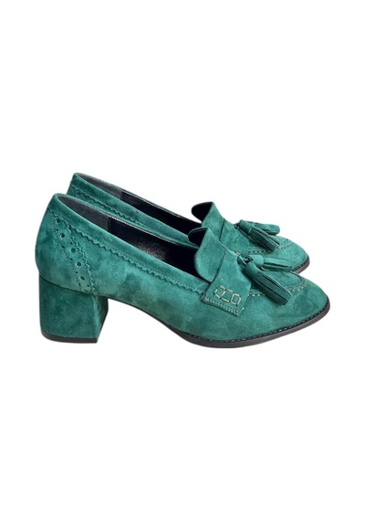 Tufan Shoes Yeşil Hakiki Deri Süet Püskül Detay Topuklu Ayakkabı YESIL