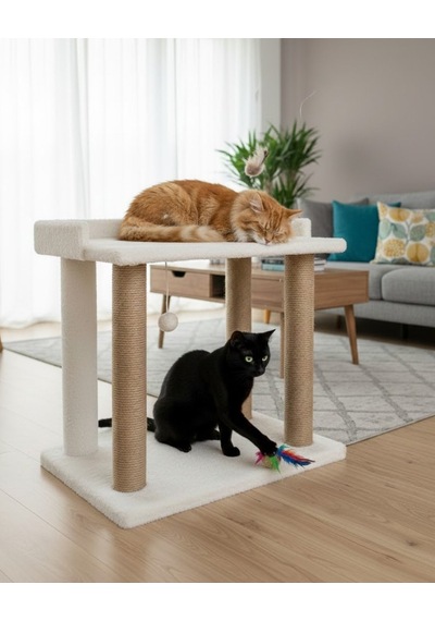 Reyo Pet Teraslı Yataklı Ponponlu Kedi Tırmalaması Beyaz