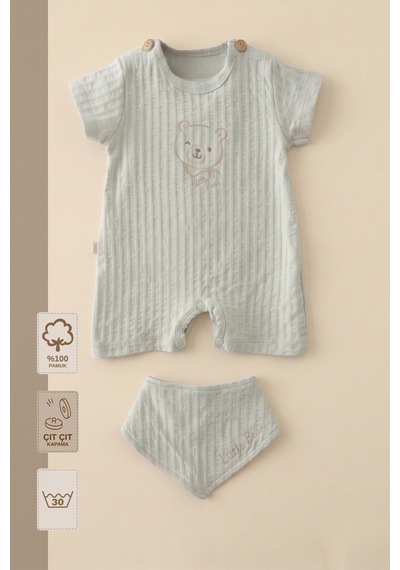 Minory Baby - %100 Pamuk Müslin Bebek Tulum Seti Ayı Nakışlı Fular Önlüklü Gri Gri