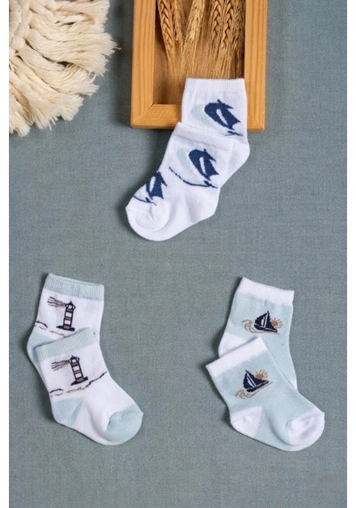Cocole Socks Erkek Çocuk Soket Çorabı 3 Lü Set Pamuklu Marin & Deniz Desenli Çok Renkli