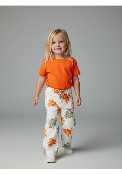 Zekids Kız Bebek Çiçek Desenli Geniş Paçalı Denim Pantolon-16718 Turuncu