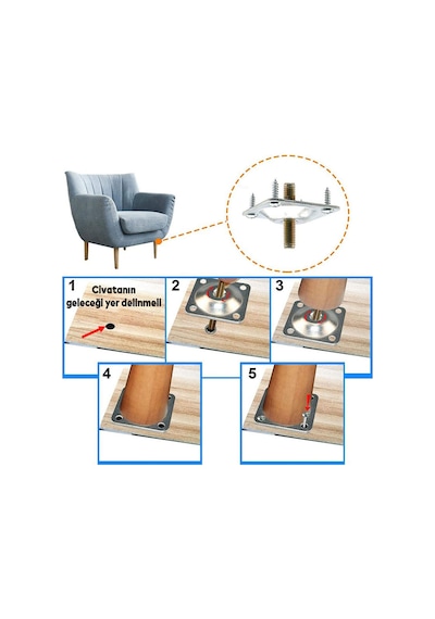 Badem10 Mobilya Kanepe Baza Koltuk Destek Ayağı Ayarlı 9.5 Cm Kahverengi Ayak+bağlantı Aparatı 4'lü Set 6395751