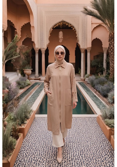 Armine Trend Doğal Kumaş Gömlek Yaka Kolları Şerit Detaylı Tam Boy Fermuarlı Allerli Rahat Kalıp Giy Çık Latte 26yt516