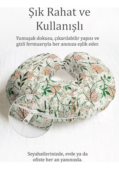 Doğal Çiçek Desenli Pamuklu Boyun Yastığı - Vintage Botanik Yeşil Turuncu Seyahat Yastığı Doygun Gün Doğumu Tarçın