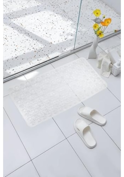 Premium Serisi Banyo - Küvet İçi Kaydırmaz Vantuzlu Oluklu Desenli Diktördgen Paspas 67,5 X 34,5 Cm, Şeffaf Açık Gri