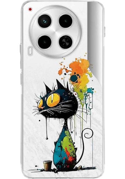 Tecno Camon 30 İle Uyumlu Splash Kedi Tasarımlı Şeffaf Silikon Kılıf Şeffaf