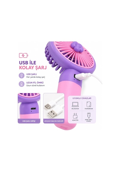 Talky Şarjlı Mini El Fanı Usb Taşınabilir Sessiz Masaüstü Vantilatör 3 Kademe Soğutucu Pervane Multicolor Karı