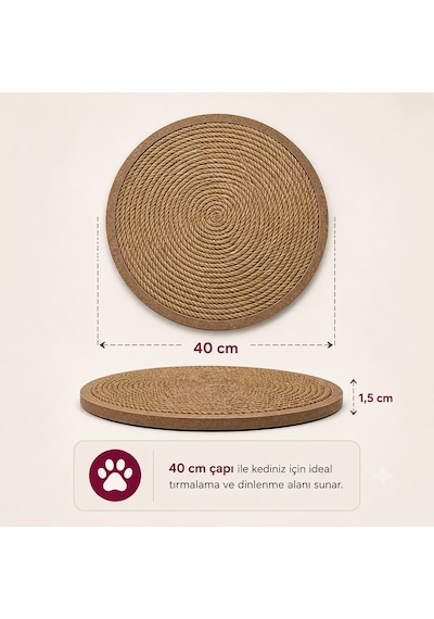 Petody Rondo Kedi Tırmalama Matı 8 MM Jüt Halat Mdf Taban 40 CM Modern Ve Dayanıklı Mdf Tasarım