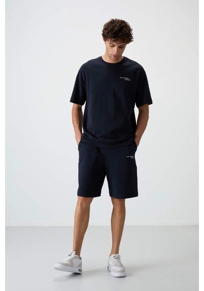 Lacivert Pamuklu Kalın Yumuşak Dokulu Oversize Fit Nakışlı Erkek Şort Takım - 85250