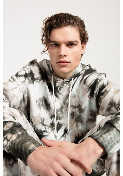 Jahr Marc Batik Yıkamalı Gri Oversize Erkek Kapüşonlu Sweatshirt Gri