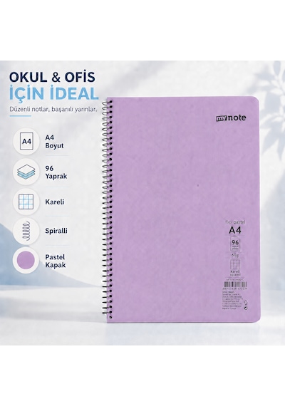 Mynote Flex Pastel A4 96 Yaprak 60 Gr Spiralli Kareli Defter Mor