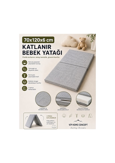 Katlanır Çocuk Yatağı Sünger Yer Yatağı Oyun Minderi Taşınabilir 70x120x6 Cm-gri 70 x 120 CM