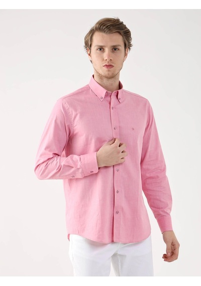 Dufy Pembe Erkek Regular Fit Brent Düğmeli Yaka Uzun Kol Gömlek - 94867 Pembe