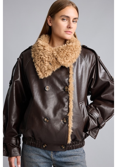 Defacto Oversize Peluş Yakalı Kruvaze Suni Deri Mont I2761ax26wnbn530 Kahve-bn530