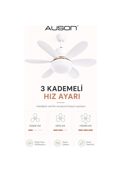 Auson Uzaktan Kumandalı Işıklı Tavan Vantilatörü E27 Duy Uyumlu 3 Işık Modu 3 Kademeli Hız Sessiz Ça
