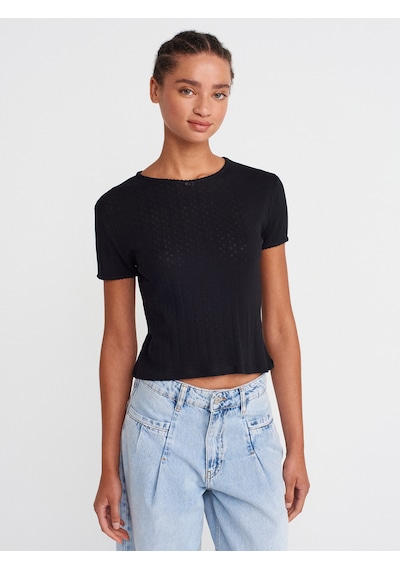 Dilvin 31795 Fiyonk Detaylı Kısa Kollu Kontrast T-shirt-siyah SIYAH