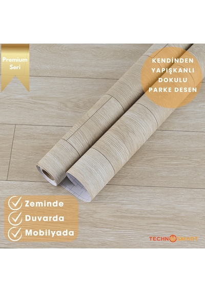Technosmart 60 100cm Kendinden Yapışkanlı Parke Görünümlü Premium Zemin Duvar Kağıdı Dolap Kaplama Krem