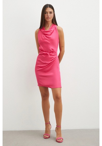Uterpe Pembe Jakarlı Halter Yaka Elbise Fuşya