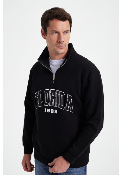 Tudors Erkek Relax Fit Rahat Kesim Pamuklu Yarım Fermuarlı Baskılı Siyah Sweatshirt-42315 Sİyah