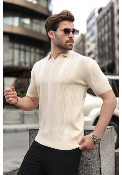 Madmext Taş Rengi Polo Yaka Triko Erkek Tişört E7469 Taş Rengi