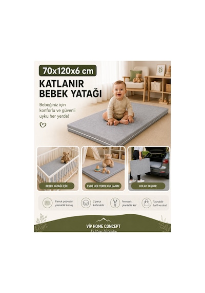 Katlanır Çocuk Yatağı Sünger Yer Yatağı Oyun Minderi Taşınabilir 70x120x6 Cm-gri 70 x 120 CM