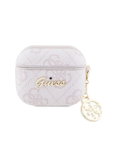 Apple Uyumlu AirPods 3.nesil Kılıf Guess Lisanslı 4g Desenli Metal Script Logolu 4g Charm Pu Deri Pembe