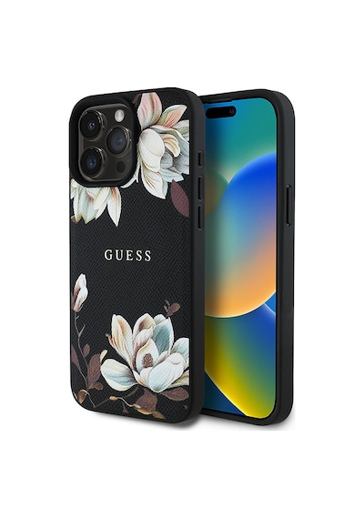Apple Uyumlu iPhone 15 Pro Max Kılıf Guess Lisanslı Magsafe Özellikli Çiçek Tasarımlı Metal Logolu Kapak Siyah