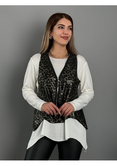 Buğrahayalin Kadın Yılan Desen Fermuar Detay Yelek Ve Asimetrik Kesim Bluz Salaş Ikili Takım Beyaz Buğrahayalin Kadın Yılan Desen Fermuar Detay Yelek Ve Asimetrik Kesim Bluz Salaş Ikili Takım Beyaz
