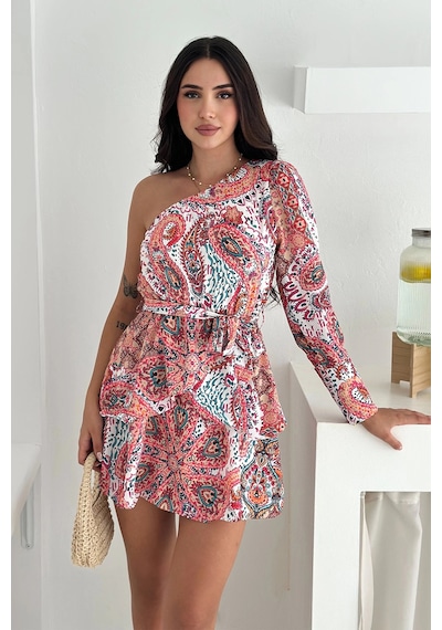 Asprin Fashion İthal Jessica Kumaş Şal Desen Tek Omuz Detaylı Elbise Desenli