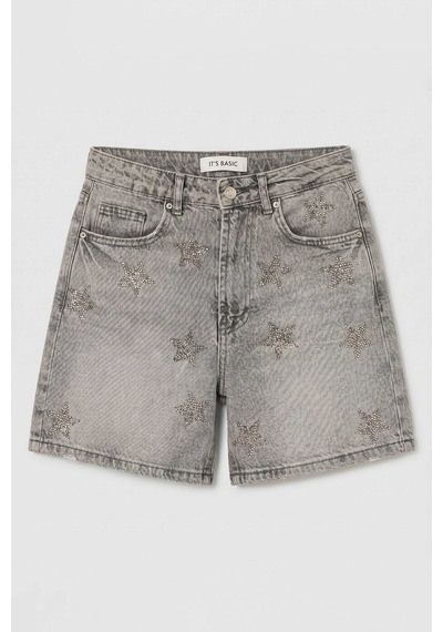 it's basic Kadın Füme T-4s6-12 Mom Relax Yıldız Detaylı Tasarım Denim Şort